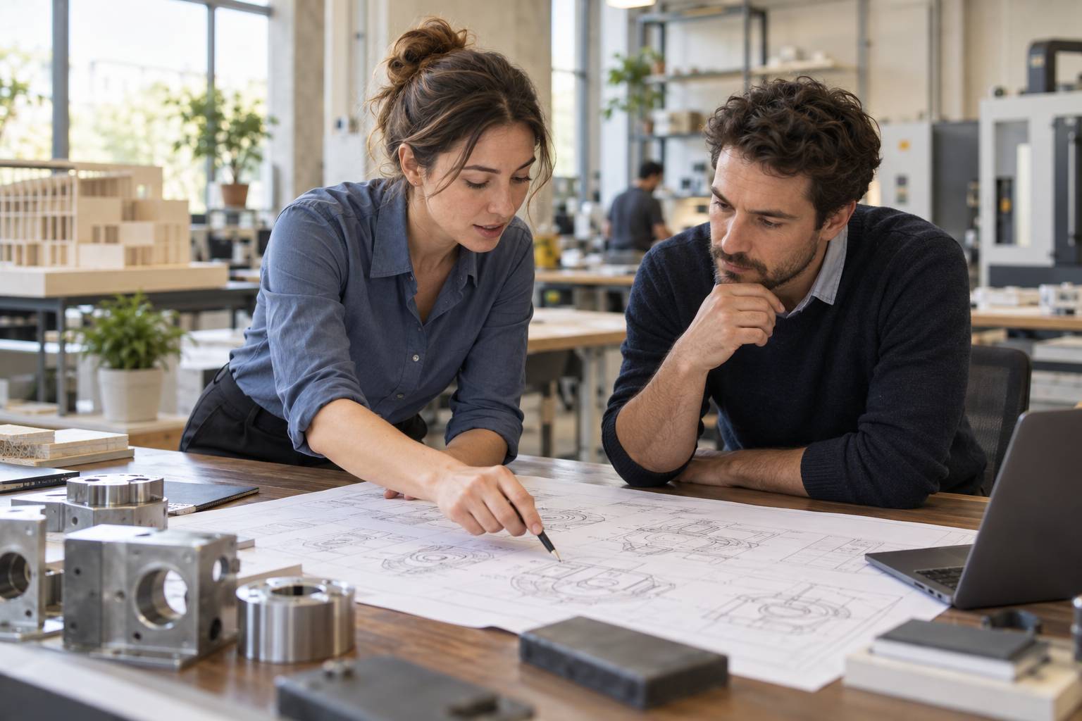 Dos personas revisan planos técnicos junto a piezas metálicas en un taller